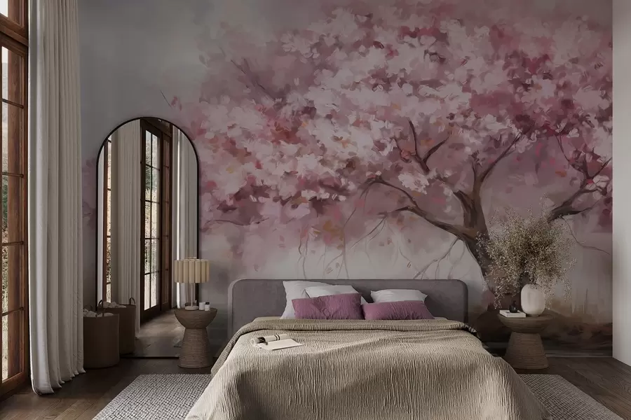 Fototapete Abstrakte rosa Blüte Baum in voller Blüte, neben einem Fluss, weich strukturierte Pinselstriche und Pastellfarben w09193