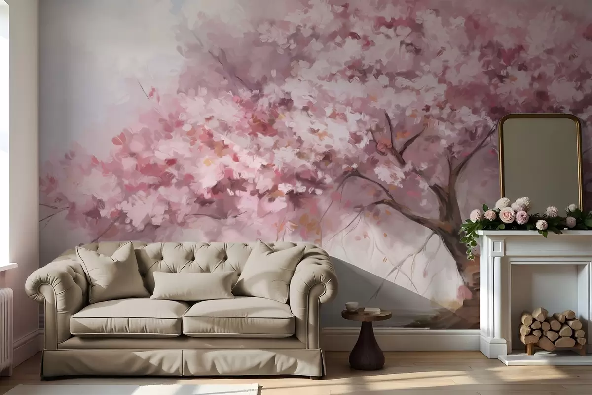 Fototapete Abstrakte rosa Blüte Baum in voller Blüte, neben einem Fluss, weich strukturierte Pinselstriche und Pastellfarben w09193