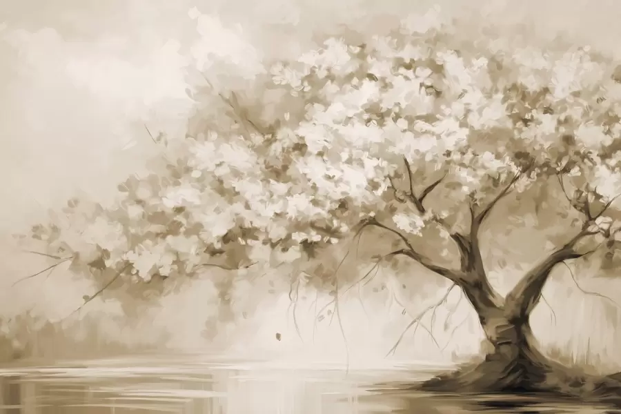 Fototapete Abstrakter beigefarbener Blütenbaum in voller Blüte, neben einem Fluss, weiche, strukturierte Pinselstriche und Pastellfarben w09193v1