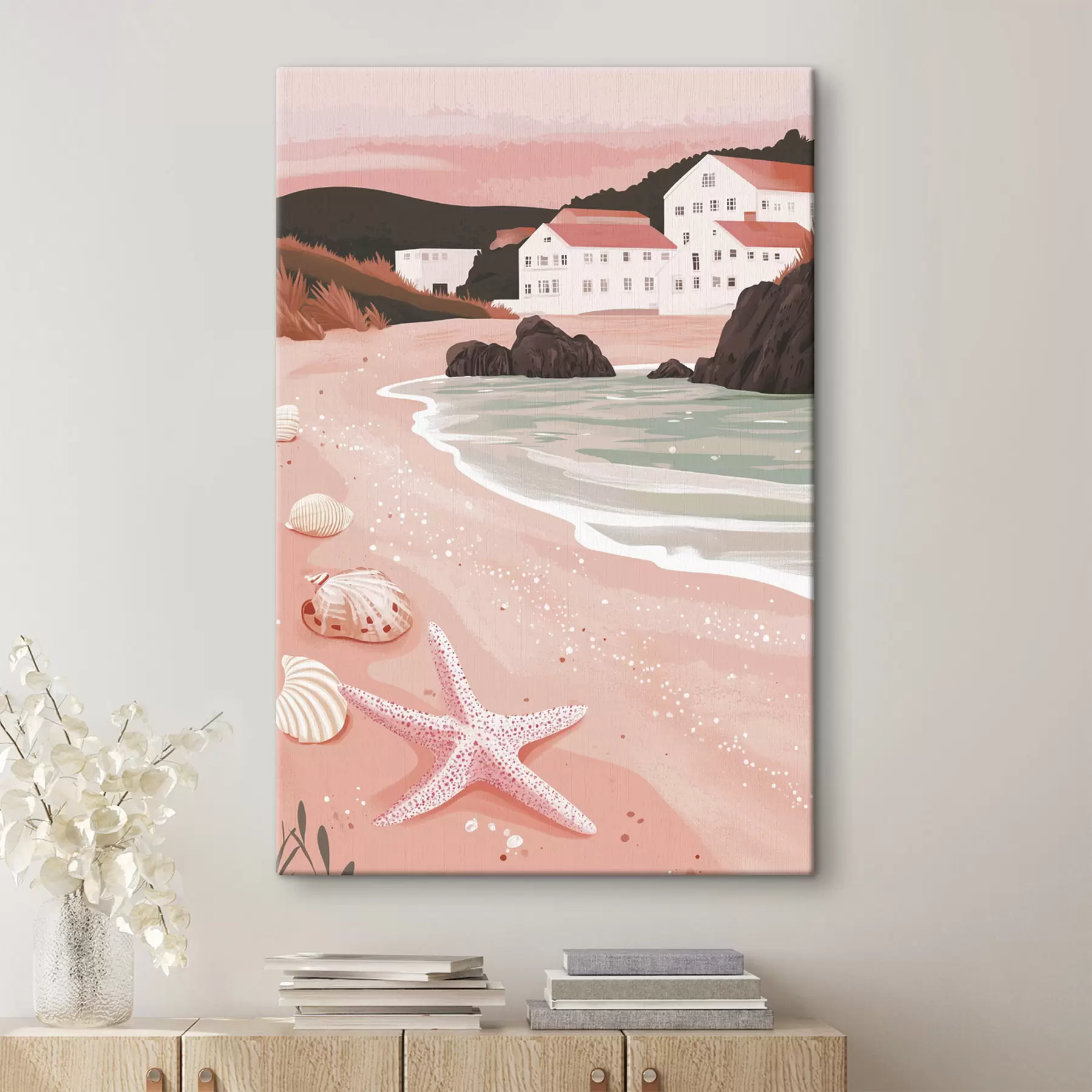 Wandbilder Gemütlicher rosa Strand mit weißen Häusern und Muscheln s44713