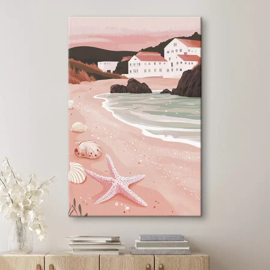 Wandbilder Gemütlicher rosa Strand mit weißen Häusern und Muscheln s44713