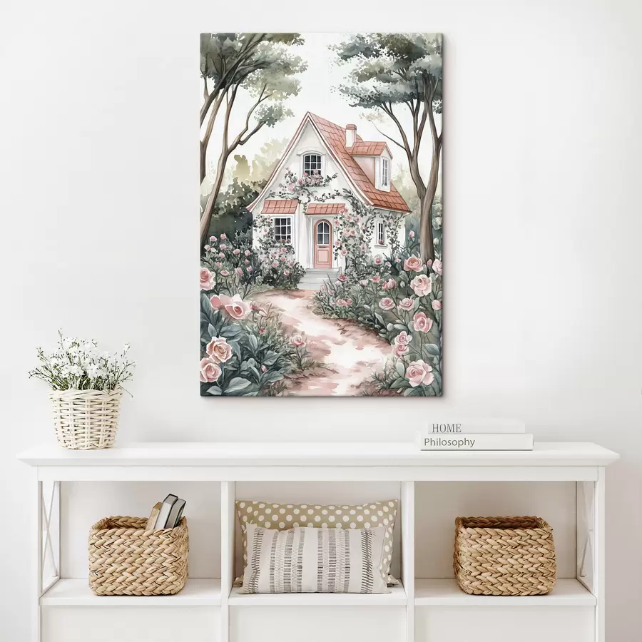 Wandbilder Weißes Haus mit Rosengarten im Wald s44716