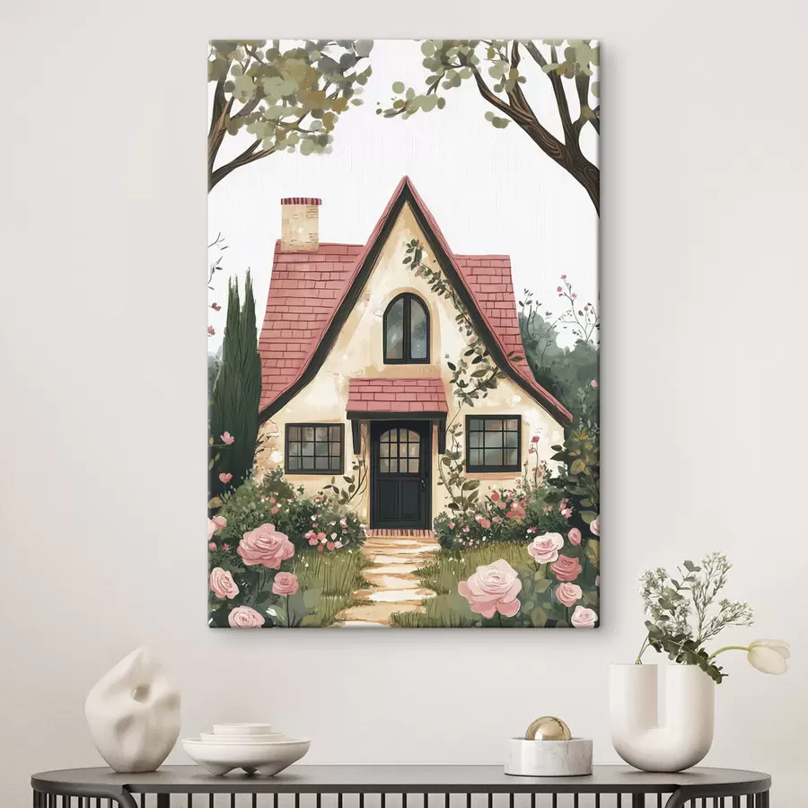 Wandbilder Ein märchenhaftes Haus im Wald, Rosen, Pastellfarben s44718