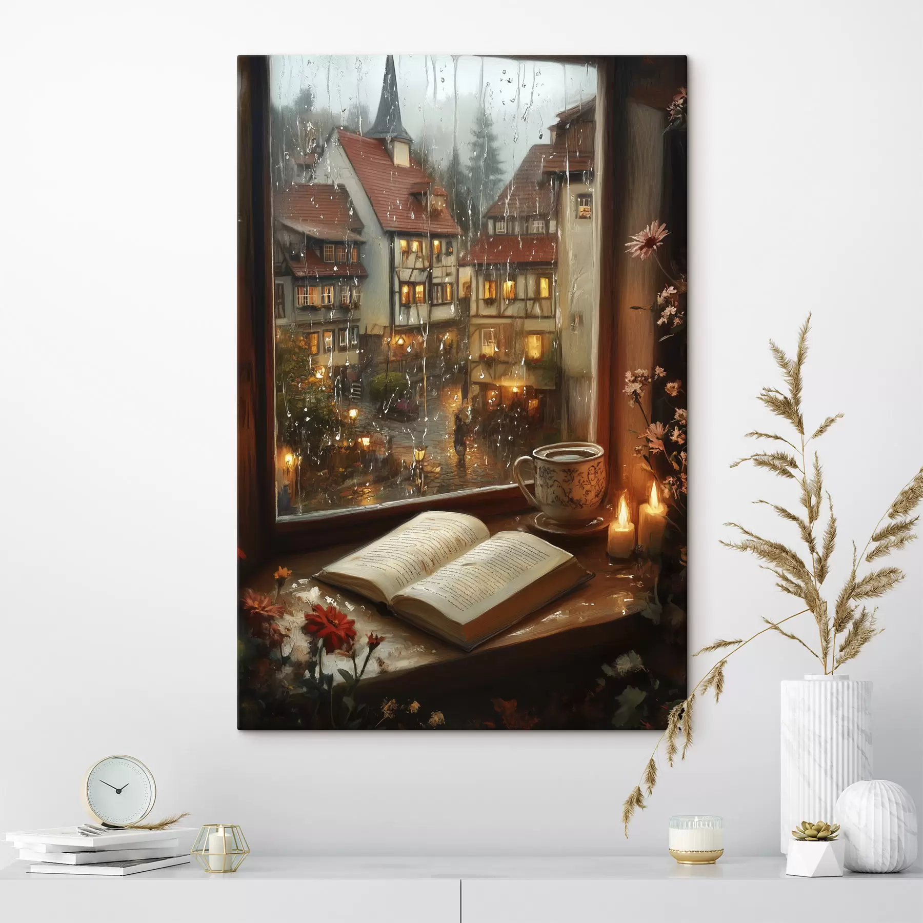 Fototapete Buch auf der Fensterbank, Kerzen, Regentag, gemütlich s44722