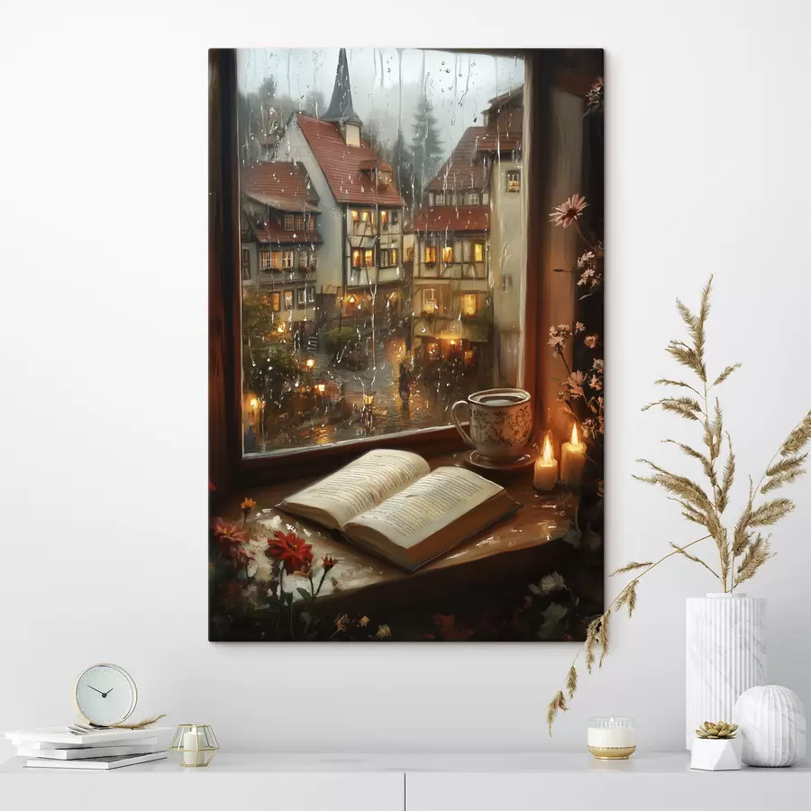Wandbilder Buch auf der Fensterbank, Kerzen, Regentag, gemütlich s44722