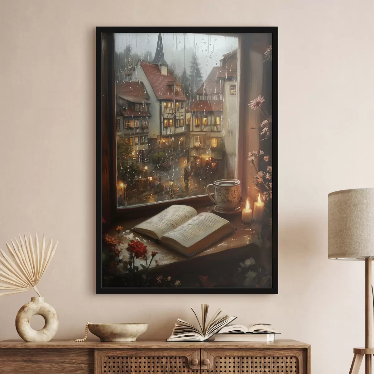 Poster Buch auf der Fensterbank, Kerzen, Regentag, gemütlich f44722