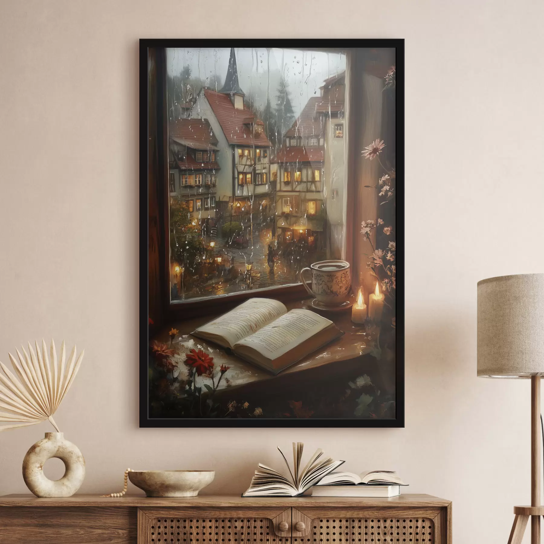 Wandbilder Buch auf der Fensterbank, Kerzen, Regentag, gemütlich f44722