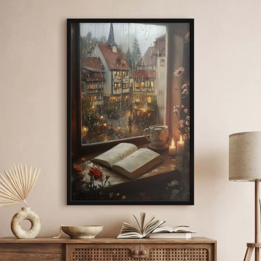 Wandbilder Buch auf der Fensterbank, Kerzen, Regentag, gemütlich f44722