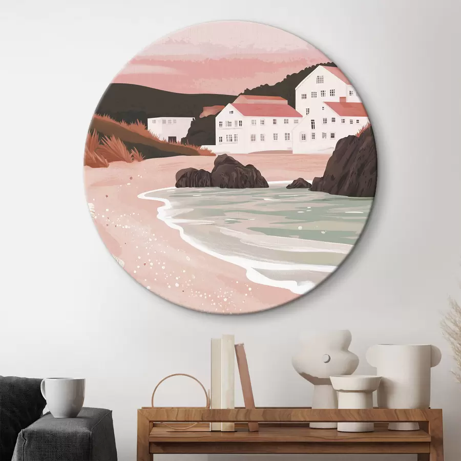 Wandbilder Gemütlicher rosa Strand mit weißen Häusern und Muscheln r44713