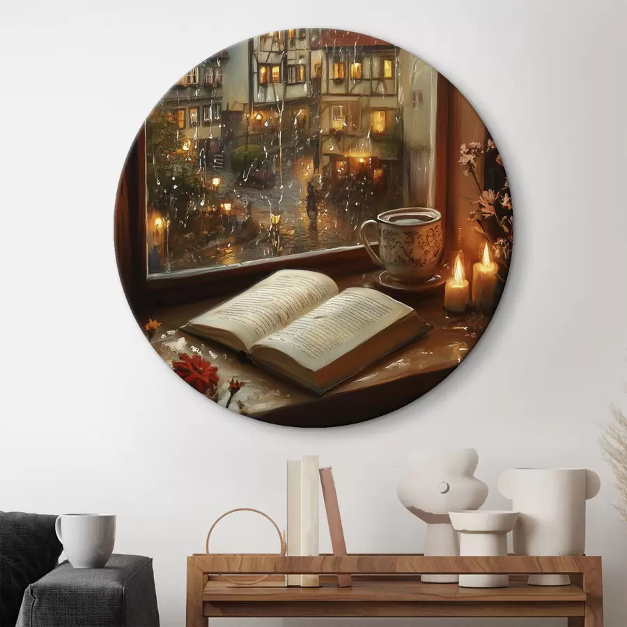 Wandbilder Buch auf der Fensterbank, Kerzen, Regentag, gemütlich r44722