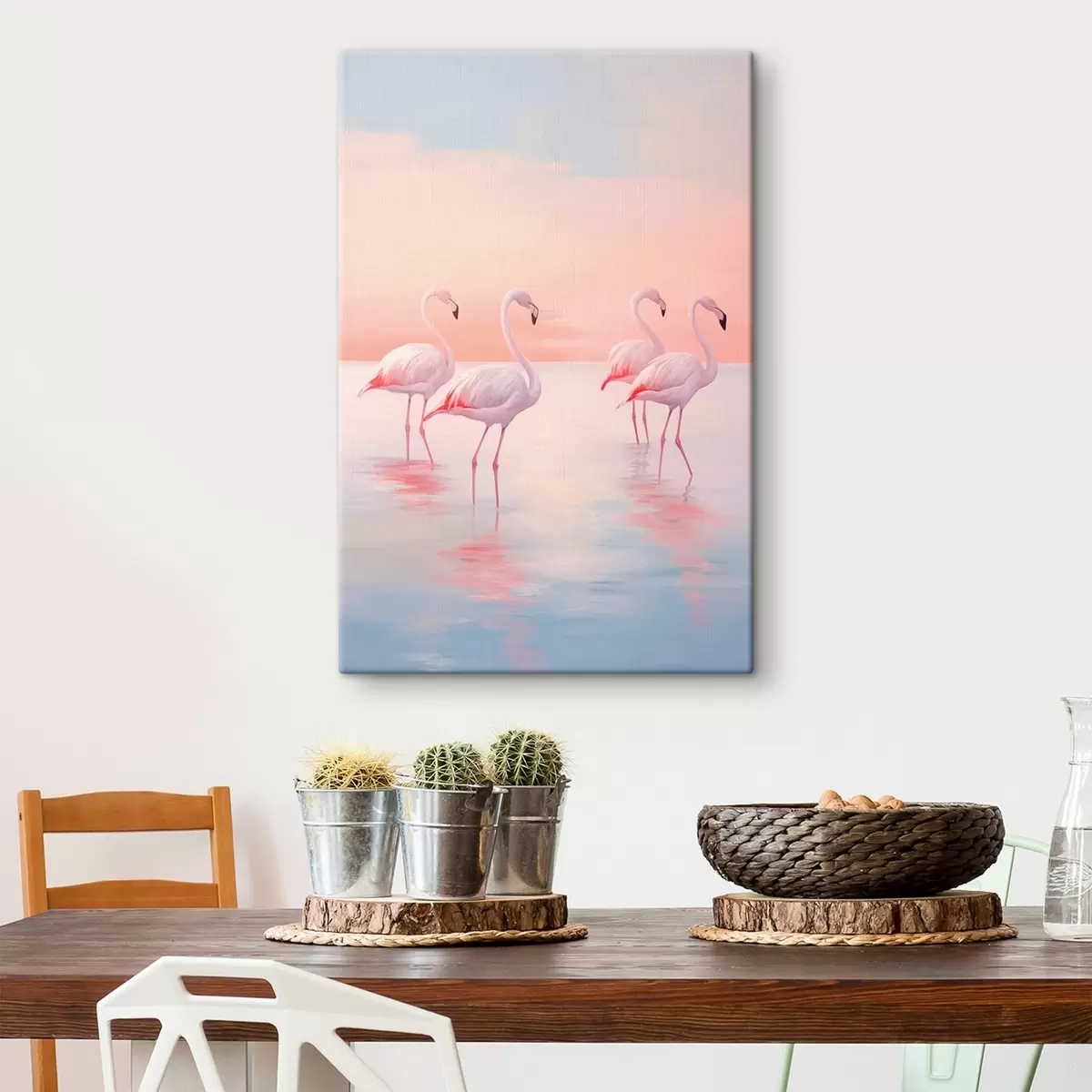 Wandbilder Flamingos im seichten Wasser bei Sonnenuntergang s44732