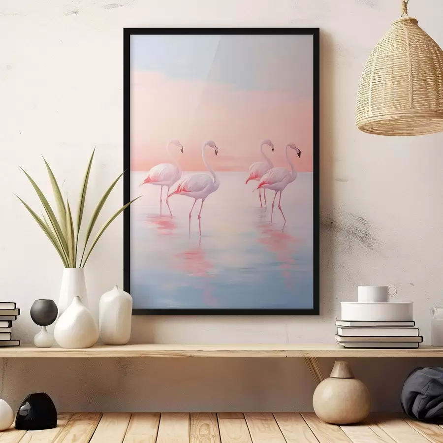 Fototapete Flamingos im seichten Wasser bei Sonnenuntergang f44732
