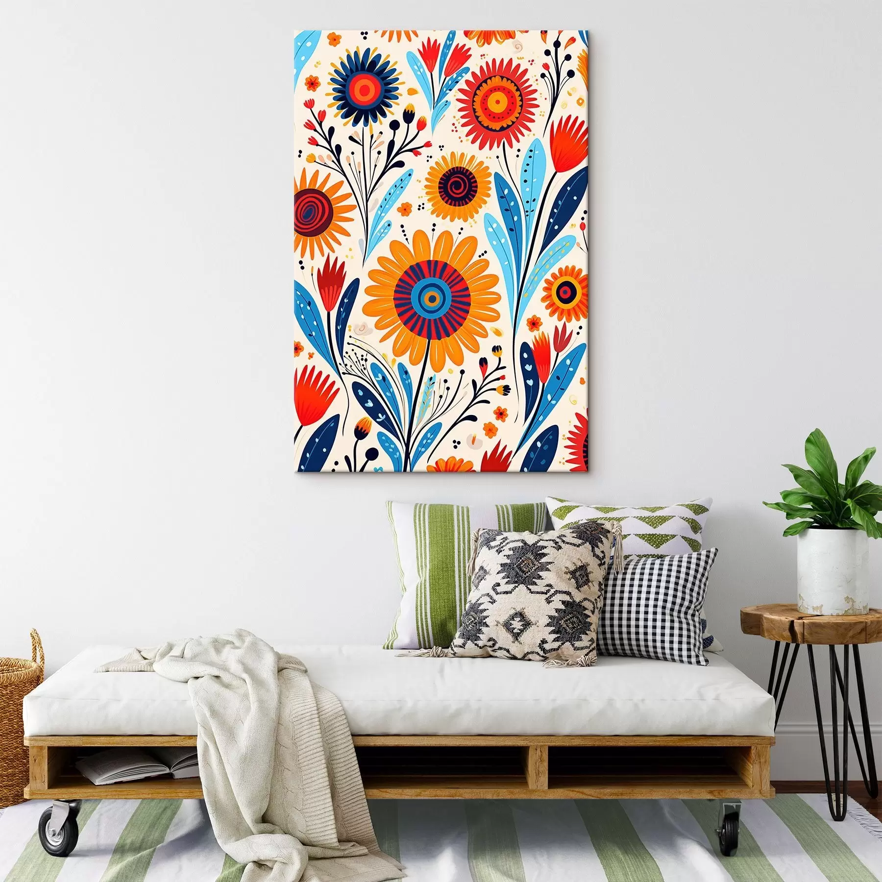 Fototapete Stilisierte Blumen in blauer und orangefarbener Palette s44761