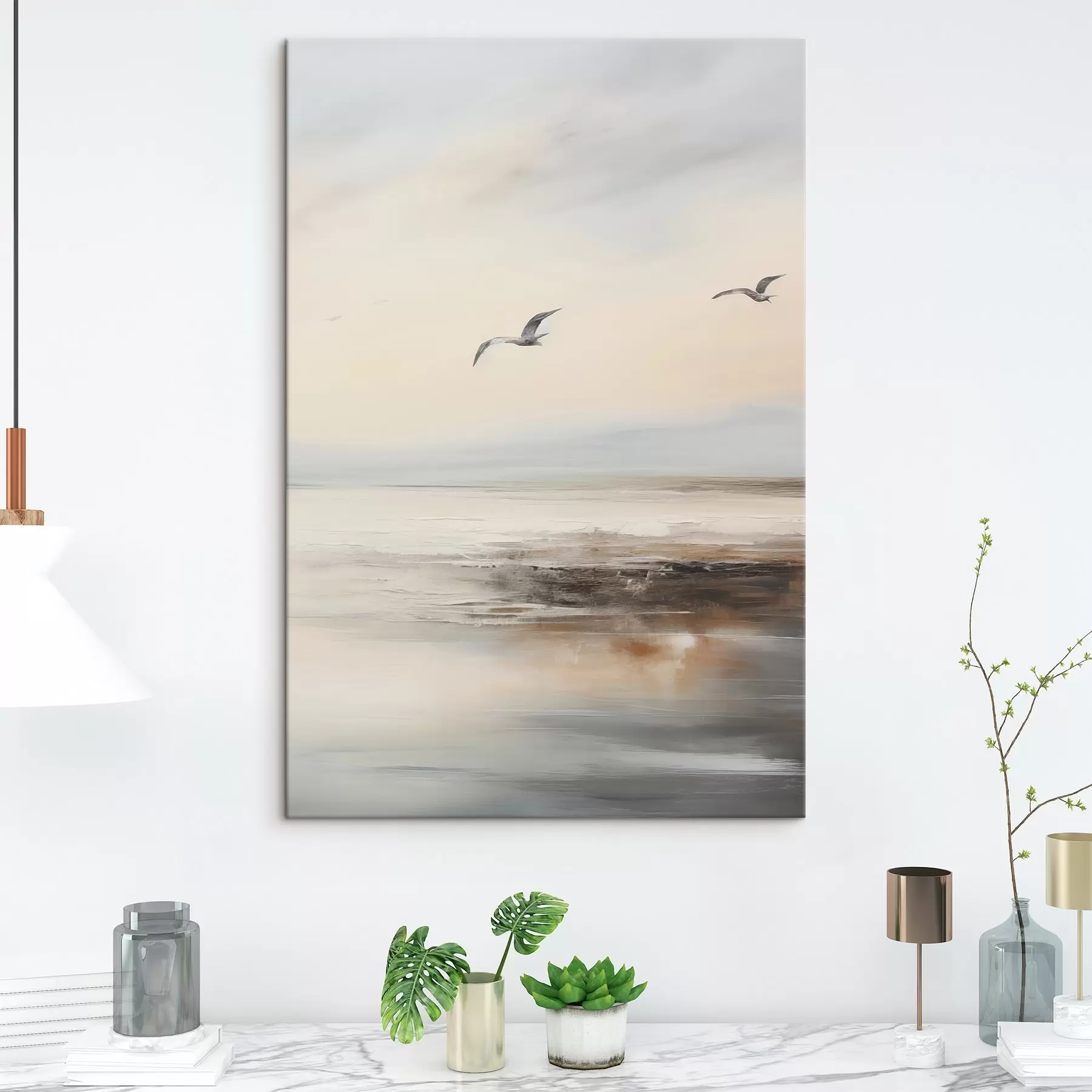 Wandbilder Pastelllandschaft mit fliegenden Möwen s44763