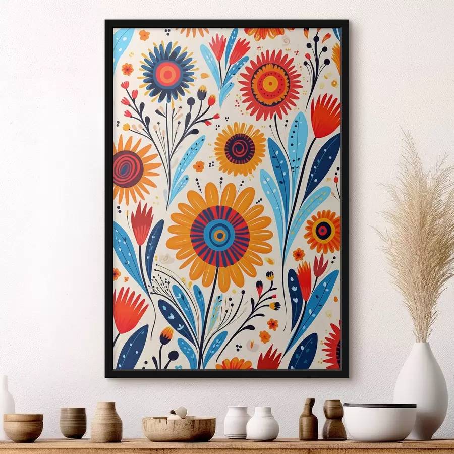 Fototapete Stilisierte Blumen in blauer und orangefarbener Palette f44761