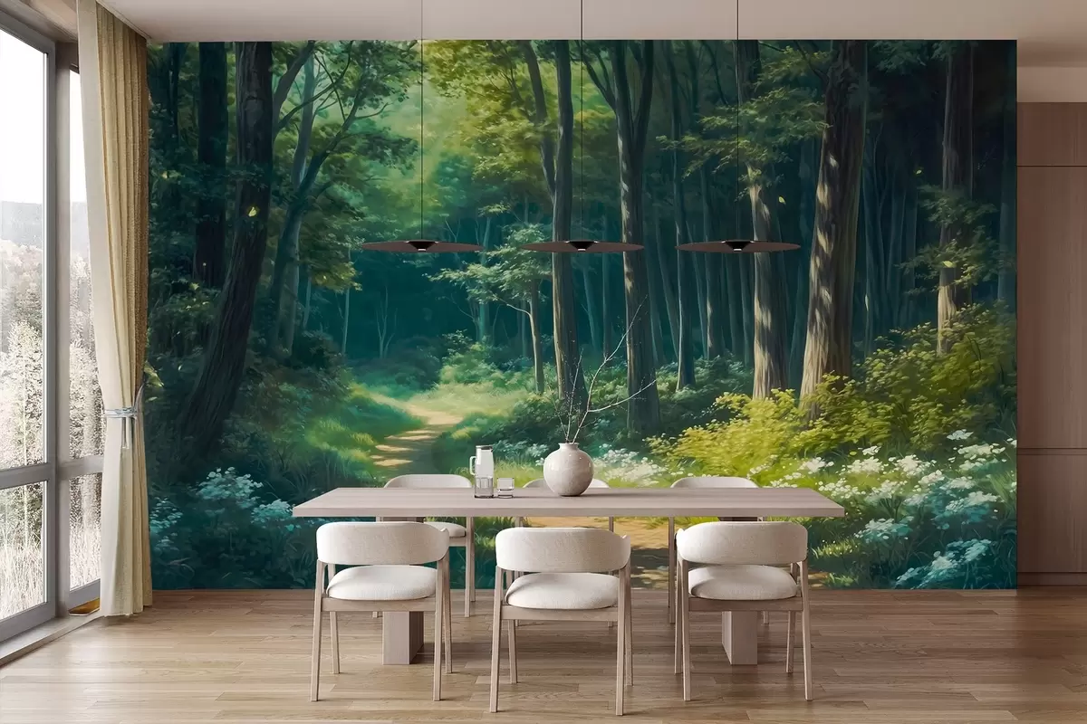 Fototapete Grüner Wald mit sanftem Sonnenlicht, Bäumen und weißen Blumen, Zeichnung in Öl w04118