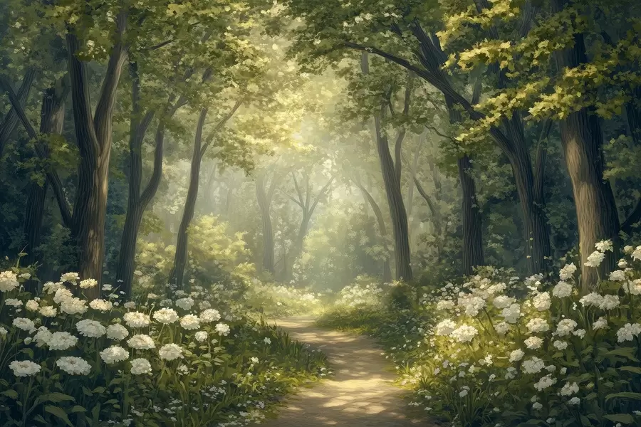 Fototapete Pfad im grünen Wald, weiße Blumen, Sonnenlicht, Acryl-Stil Zeichnung w04119