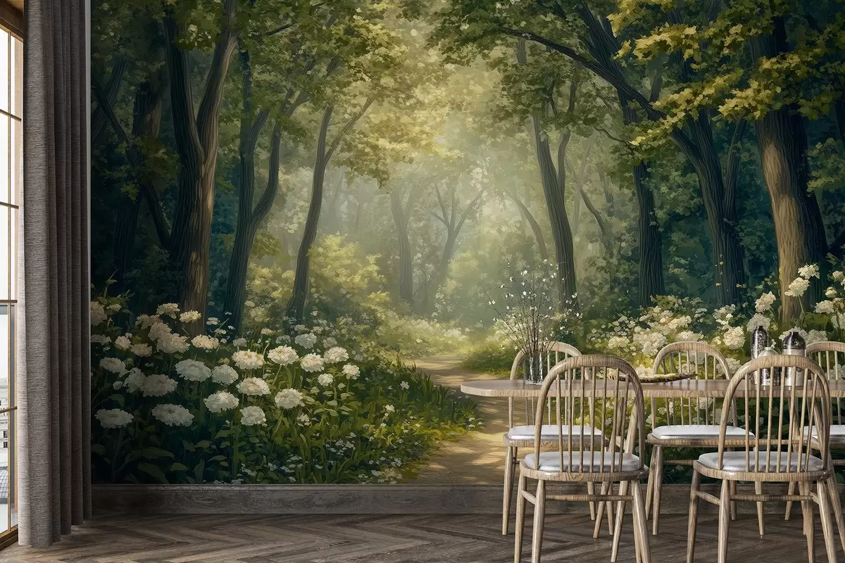 Fototapete Pfad im grünen Wald, weiße Blumen, Sonnenlicht, Acryl-Stil Zeichnung w04119