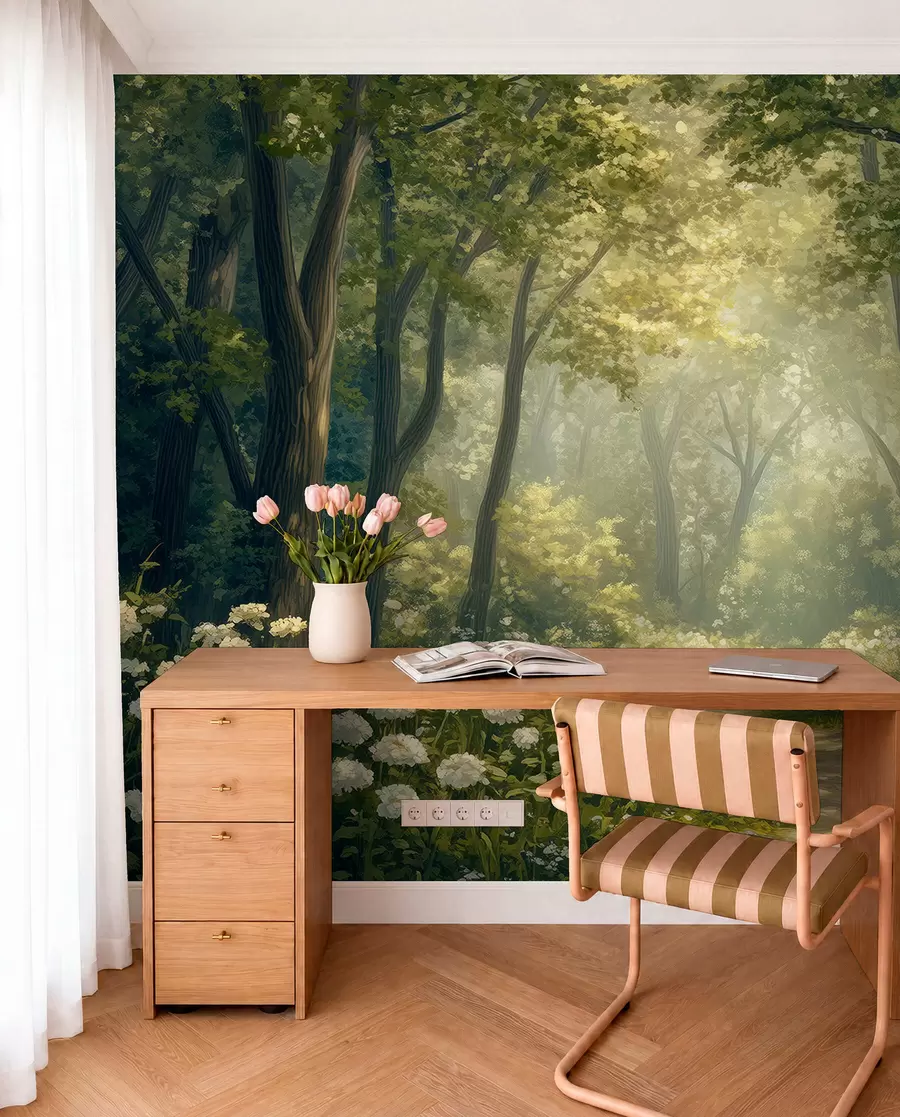Fototapete Pfad im grünen Wald, weiße Blumen, Sonnenlicht, Acryl-Stil Zeichnung w04119