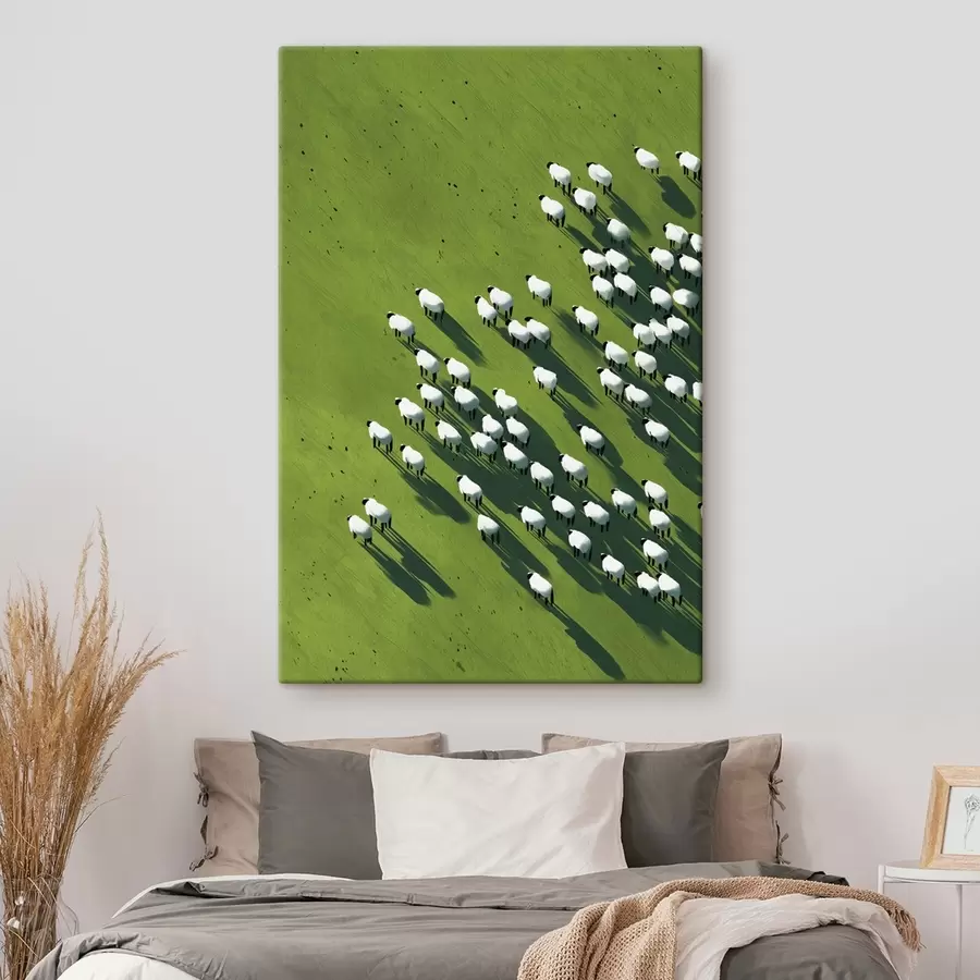 Wandbilder Grünes Feld mit einer Schafherde, Abstraktion, Luftaufnahme s44793