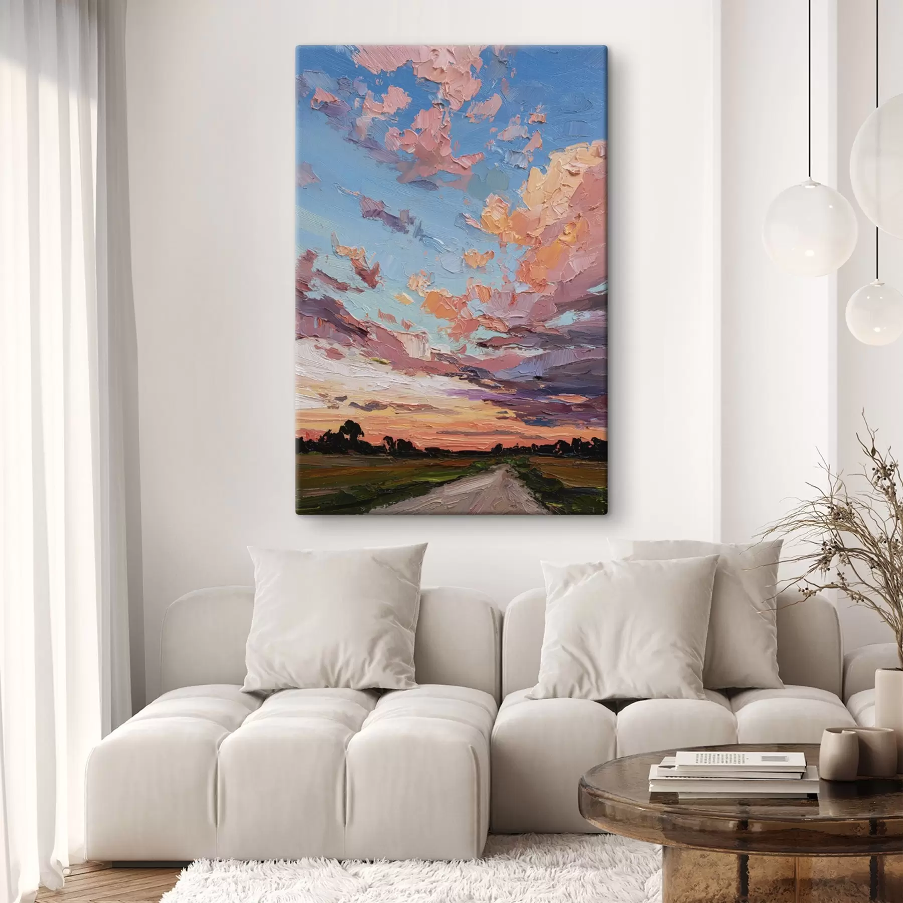 Wandbilder Sonnenuntergang Himmel, Straße auf dem Feld, lebendige Pinselstriche, Öl-Stil Nachahmung s44795