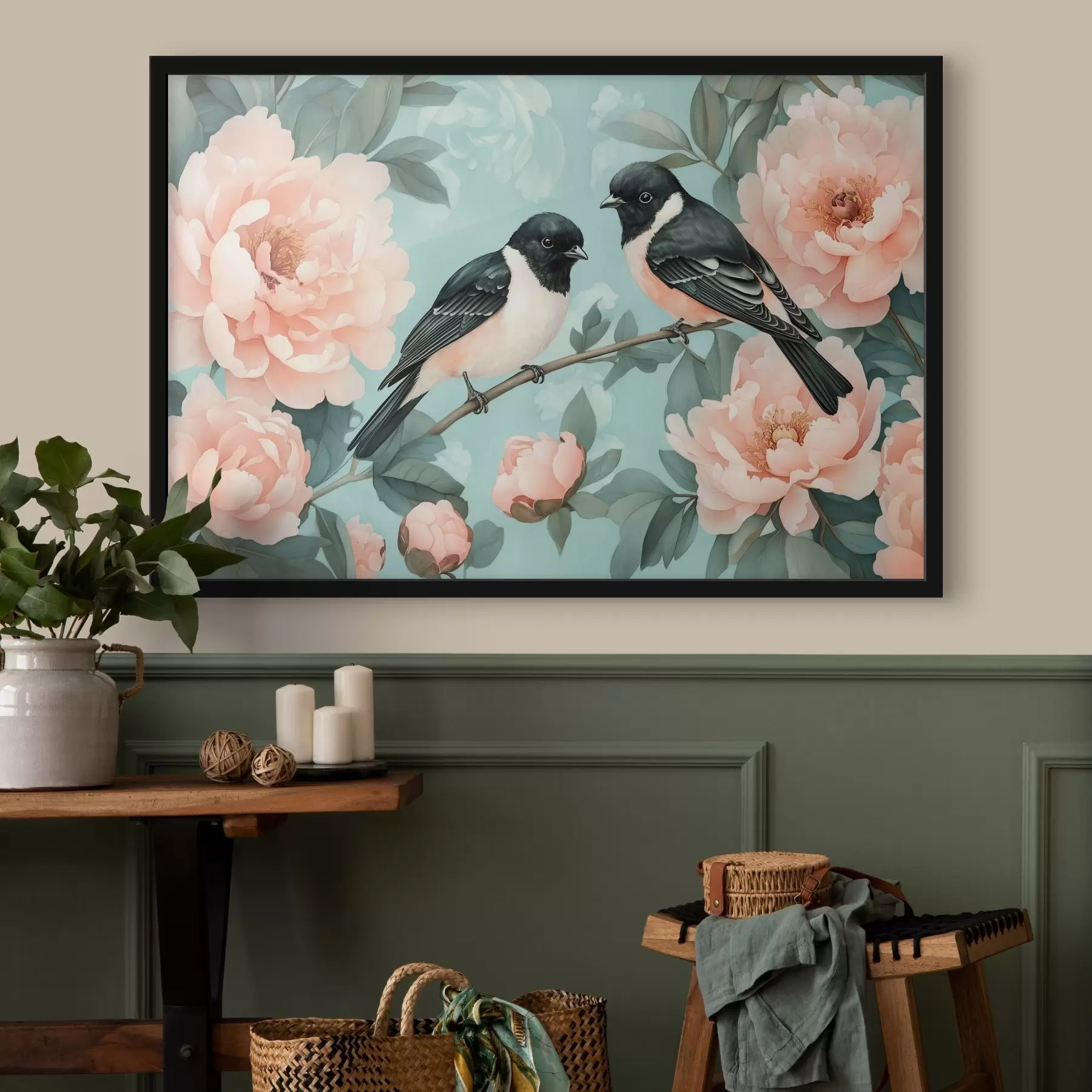 Fototapete Zwei Vögel auf dem Zweig mit Pfingstrosen f44786