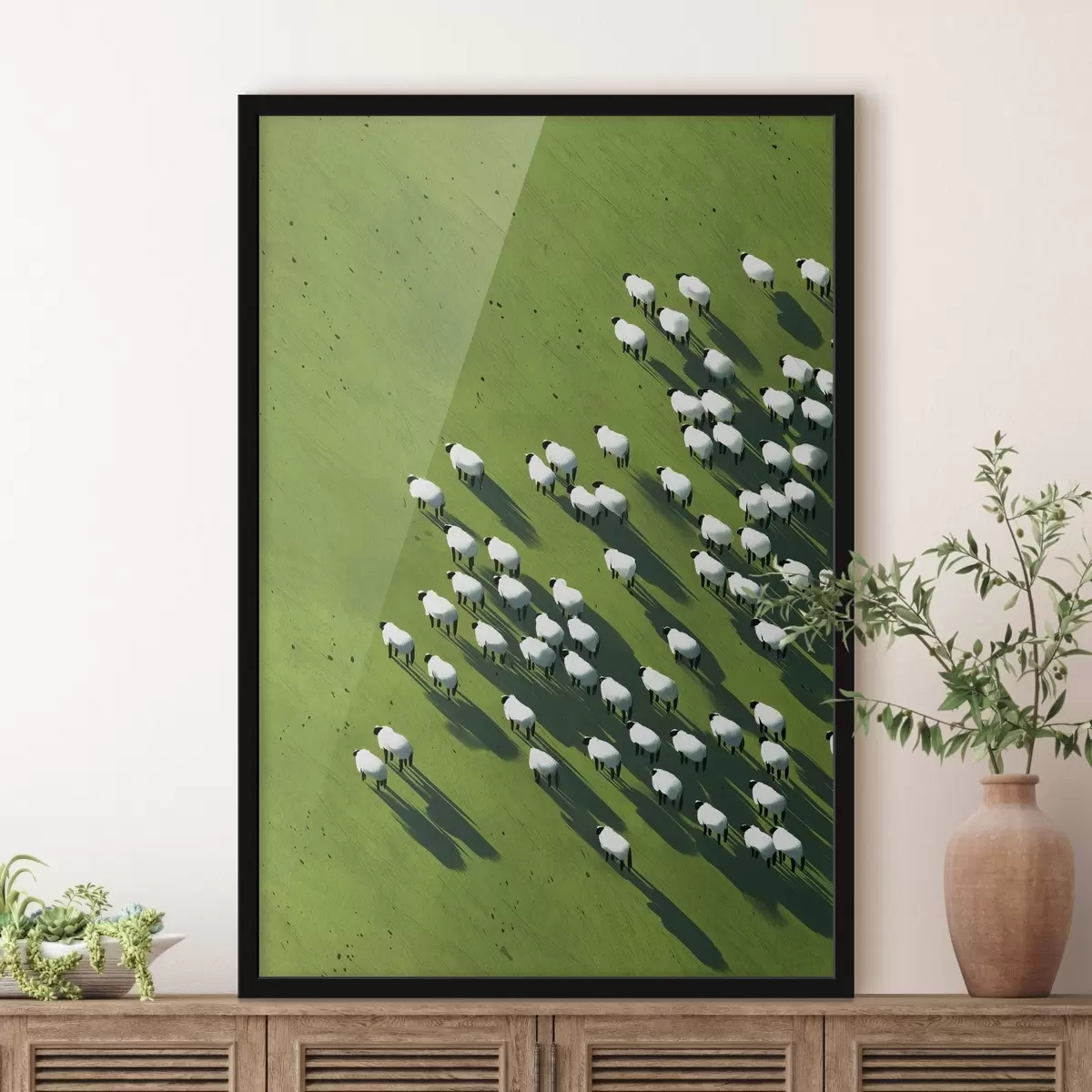 Poster Grünes Feld mit einer Schafherde, Abstraktion, Luftaufnahme f44793