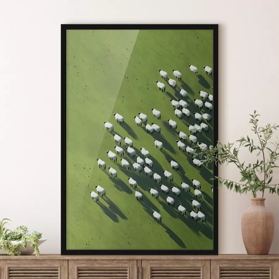 Fototapete Grünes Feld mit einer Schafherde, Abstraktion, Luftaufnahme f44793