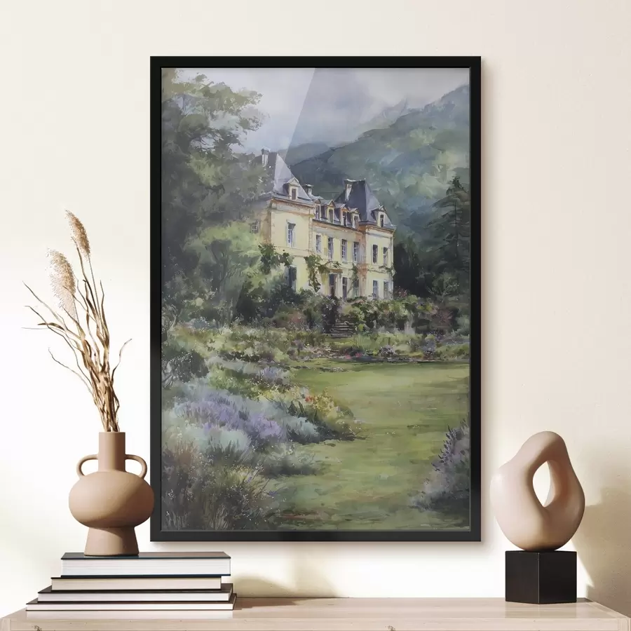 Fototapete Französisches Schloss, umgeben von einem Garten mit Lavendel f44797