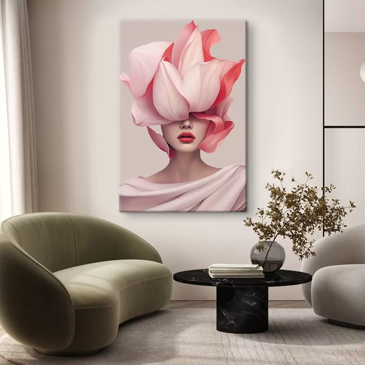 Wandbilder Weibliches Porträt mit großen Blütenblättern s44812