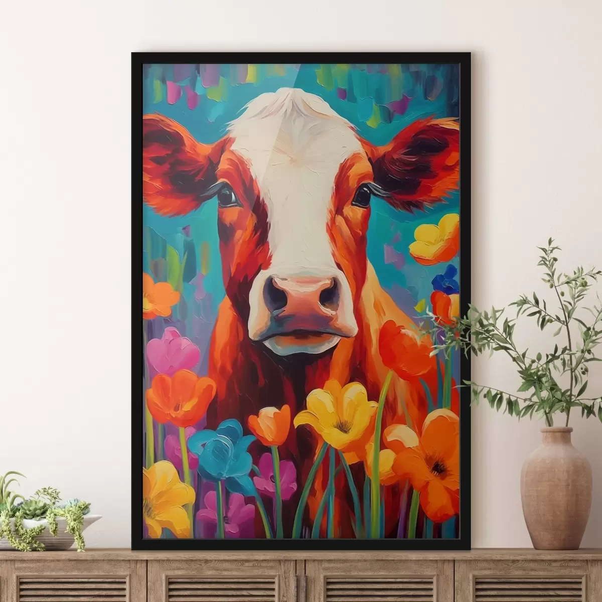 Poster Kuh inmitten von Blumen f44803