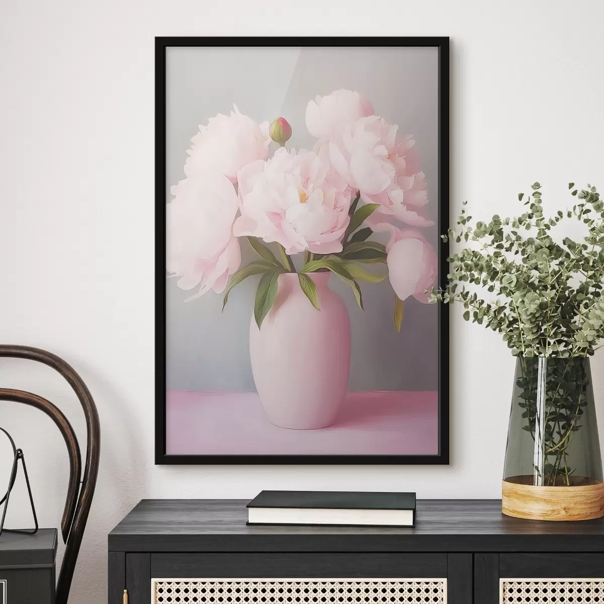 Poster Pfingstrosen in einer rosa Vase f44809