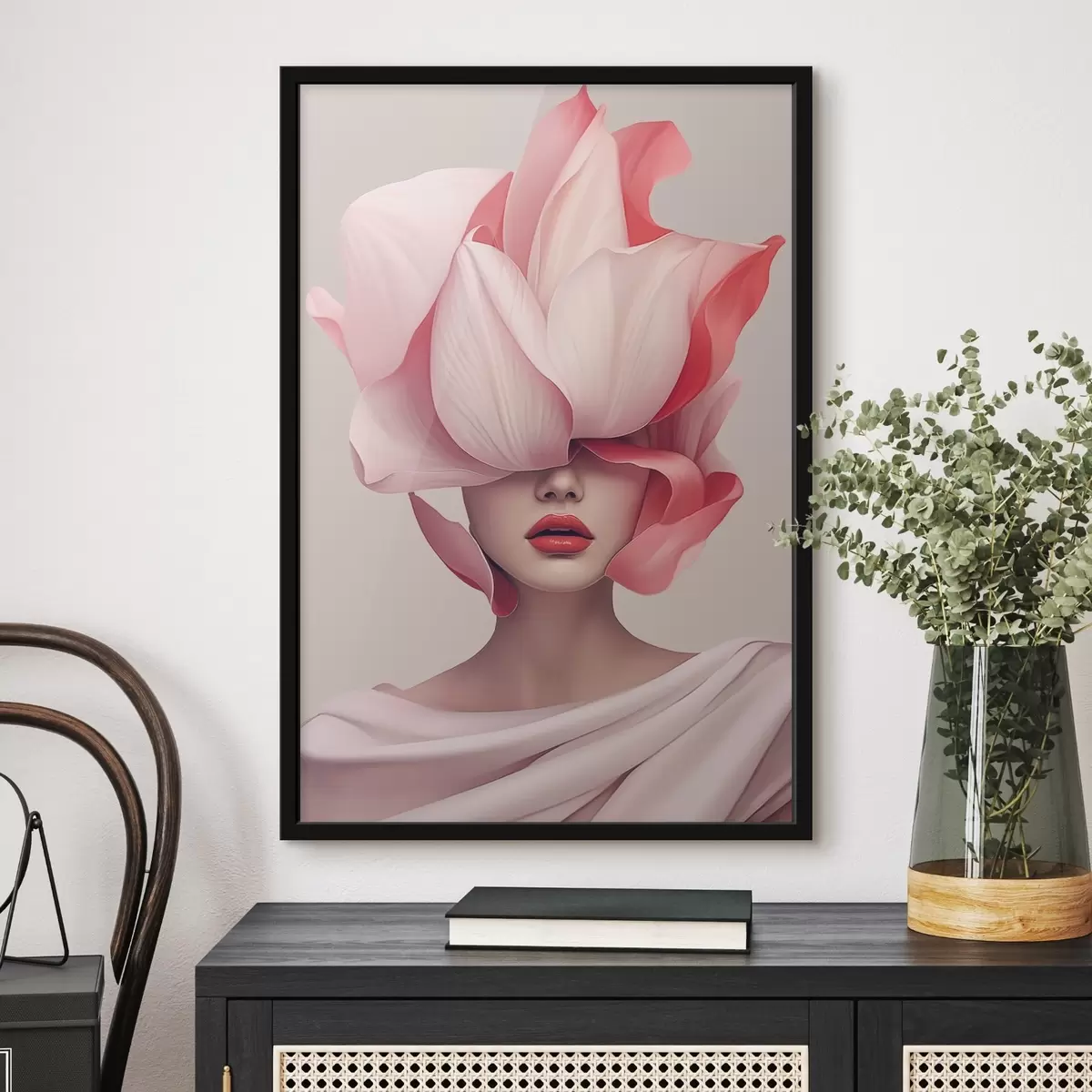 Poster Weibliches Porträt mit großen Blütenblättern f44812