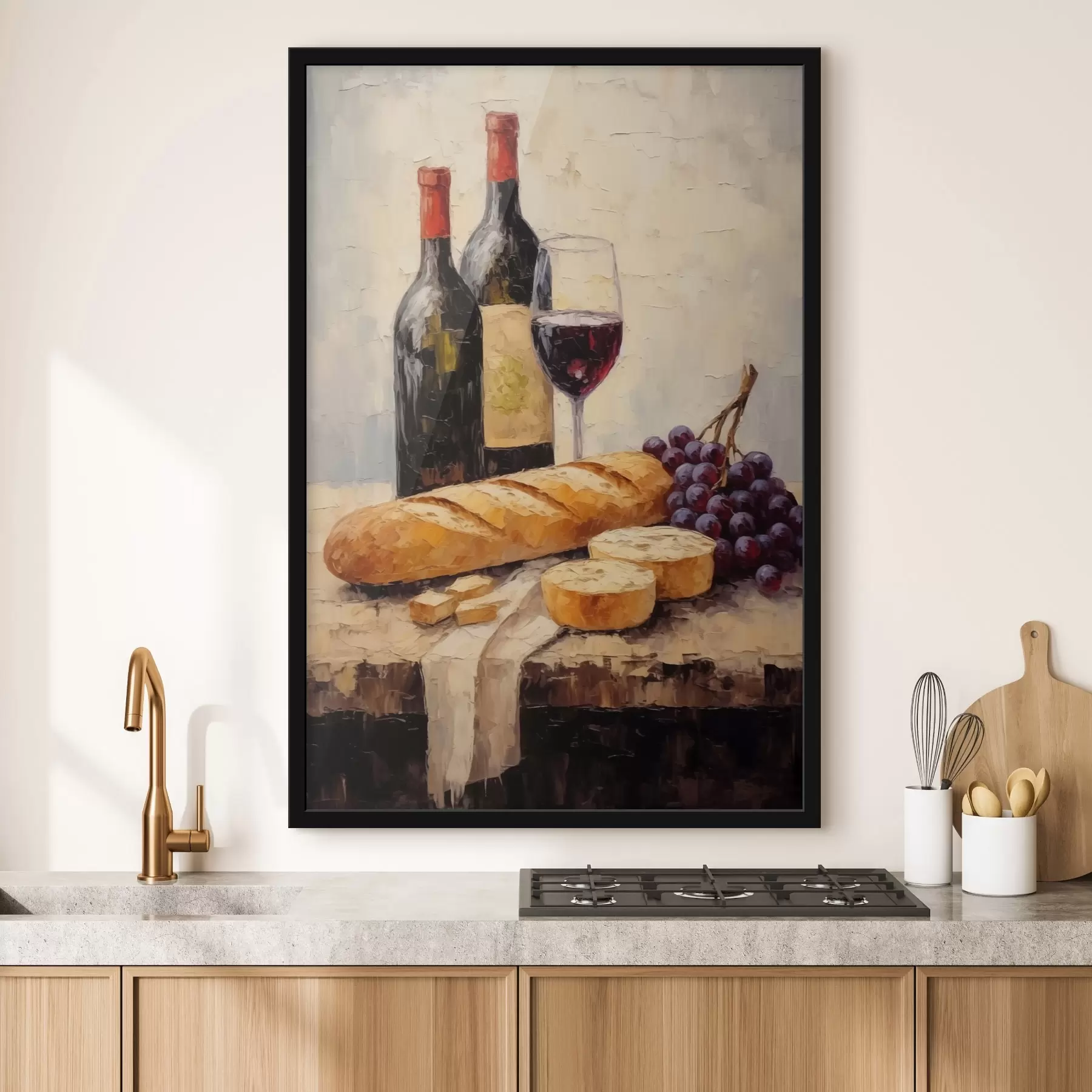 Wandbilder Wein, Baguette und Weintrauben f44815