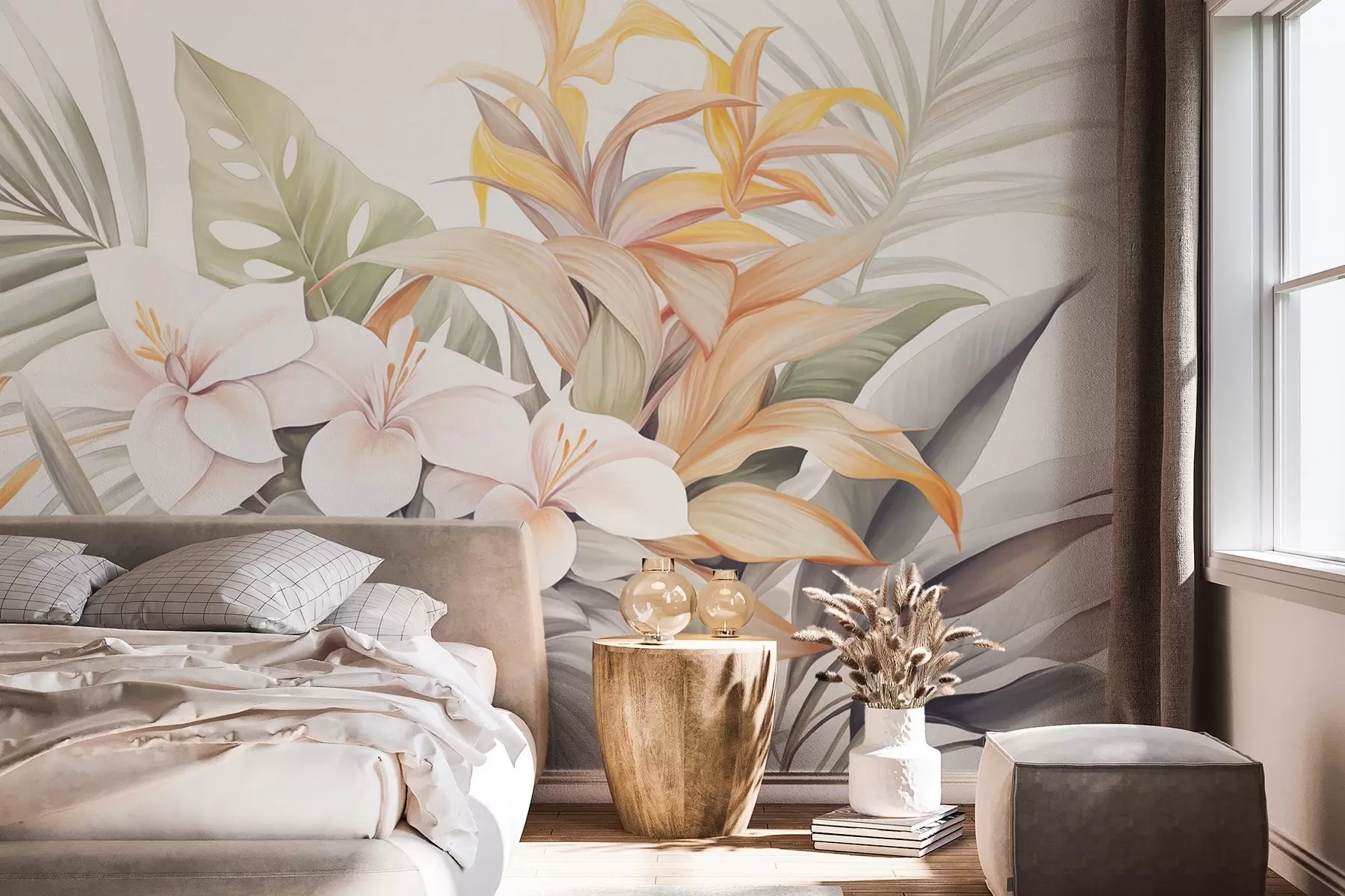 Fototapete Botanische Illustration von tropischen Blumen mit Palme und Monstera Blätter, weiche Farben, Aquarell-Stil w09201