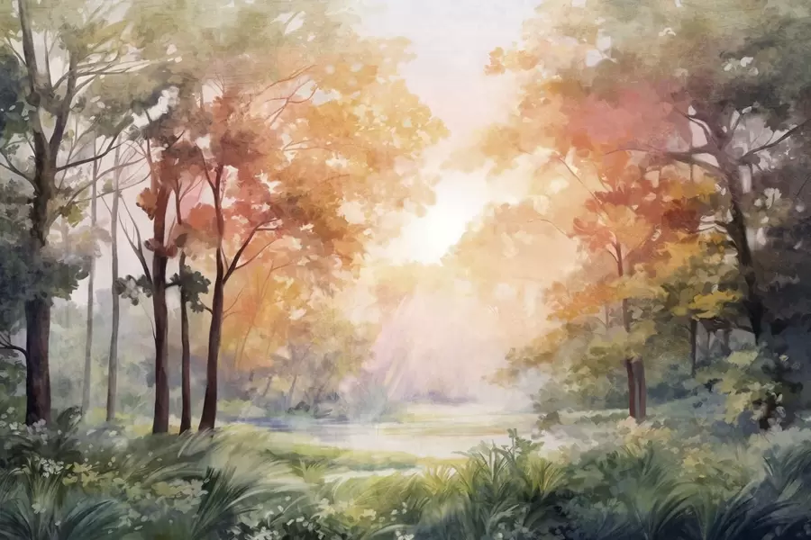 Fototapete Strukturierte Waldlandschaft, Bäume mit orangefarbenen und grünen Blättern, pastellfarbene Palette w09210v1