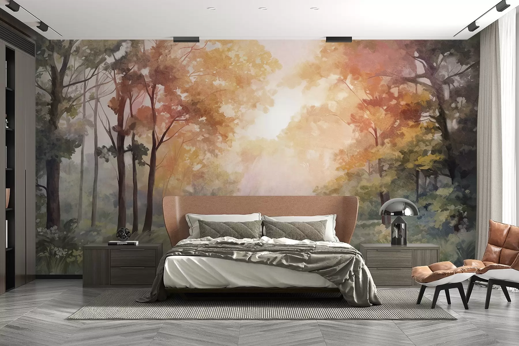 Fototapete Strukturierte Waldlandschaft, Bäume mit orangefarbenen und grünen Blättern, pastellfarbene Palette w09210v1