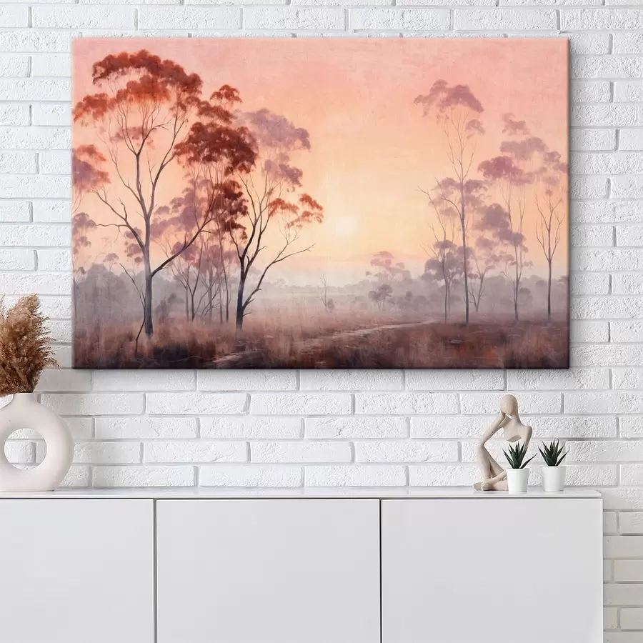 Wandbilder Ein Landschaftsgemälde eines Feldes mit hohem Gras und Bäumen, die Sonne ist im Hintergrund s44854