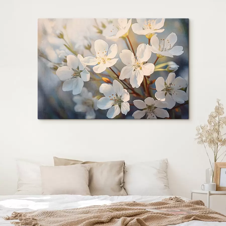 Wandbilder Weiße strukturierte Kirschblüten im Aquarell-Stil, zarte Blütenblätter, Frühlingssaison s44859