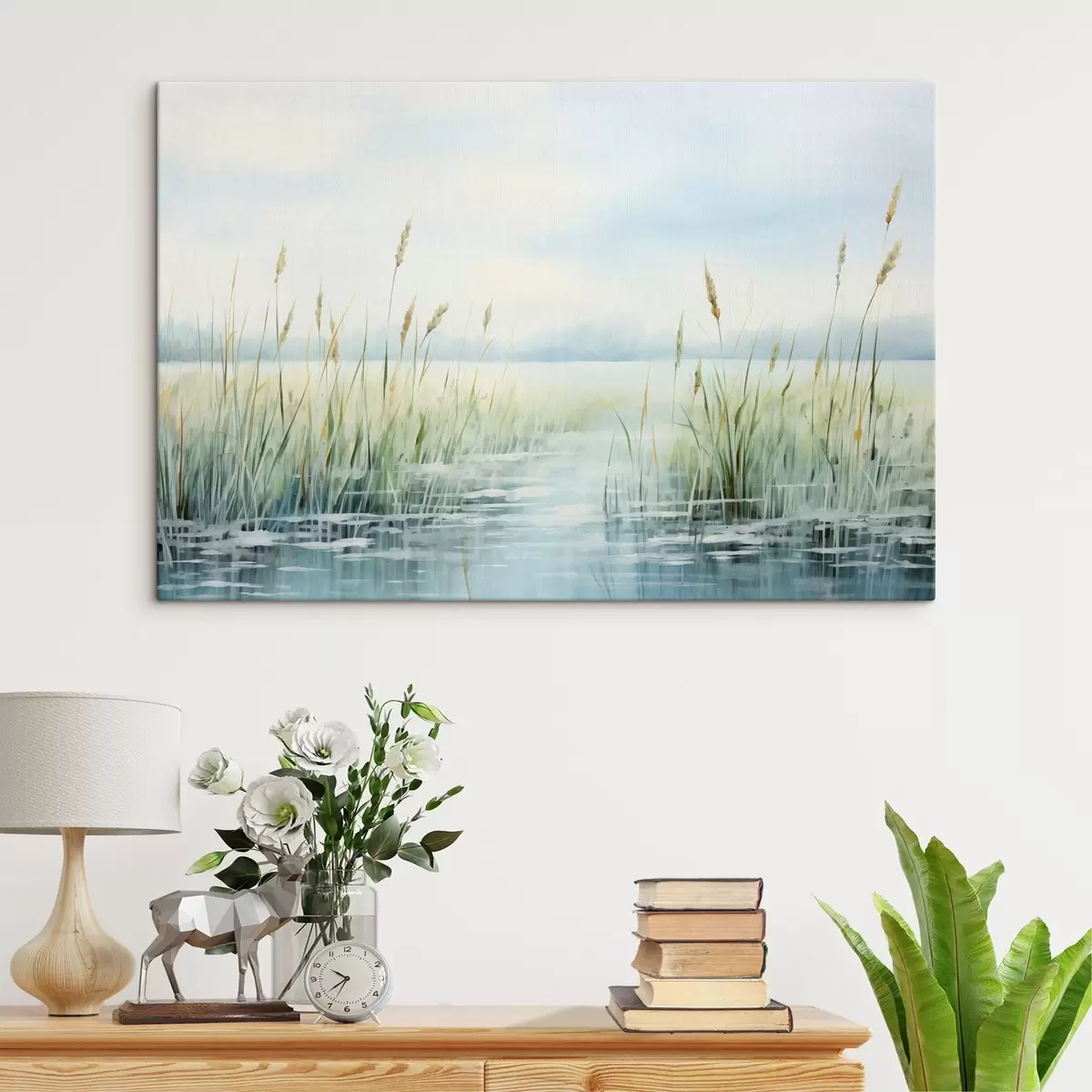 Wandbilder Ein Aquarell Malerei Nachahmung der hohen Gras wächst in der Nähe von Wasser, bedecktem Himmel und unscharfen Hintergrund s44860