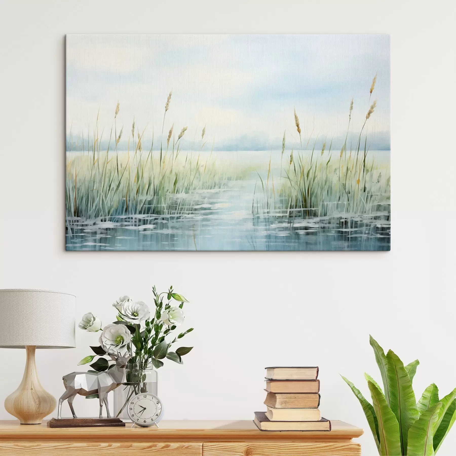 Wandbilder Ein Aquarell Malerei Nachahmung der hohen Gras wächst in der Nähe von Wasser, bedecktem Himmel und unscharfen Hintergrund s44860