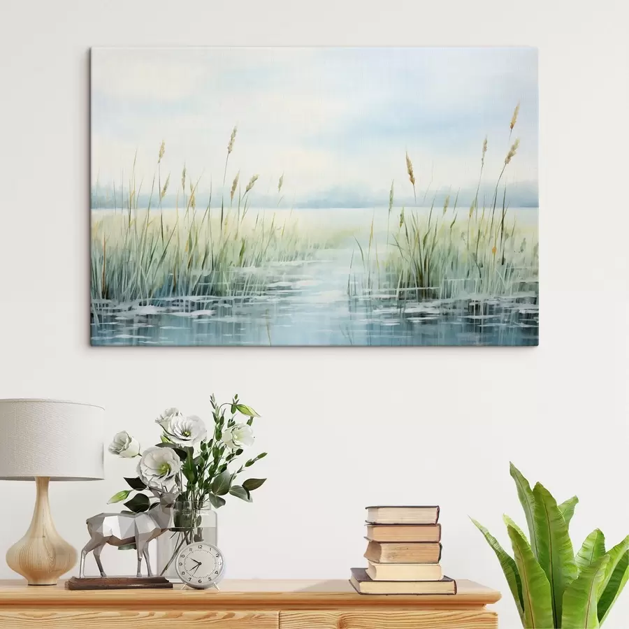 Wandbilder Ein Aquarell Malerei Nachahmung der hohen Gras wächst in der Nähe von Wasser, bedecktem Himmel und unscharfen Hintergrund s44860