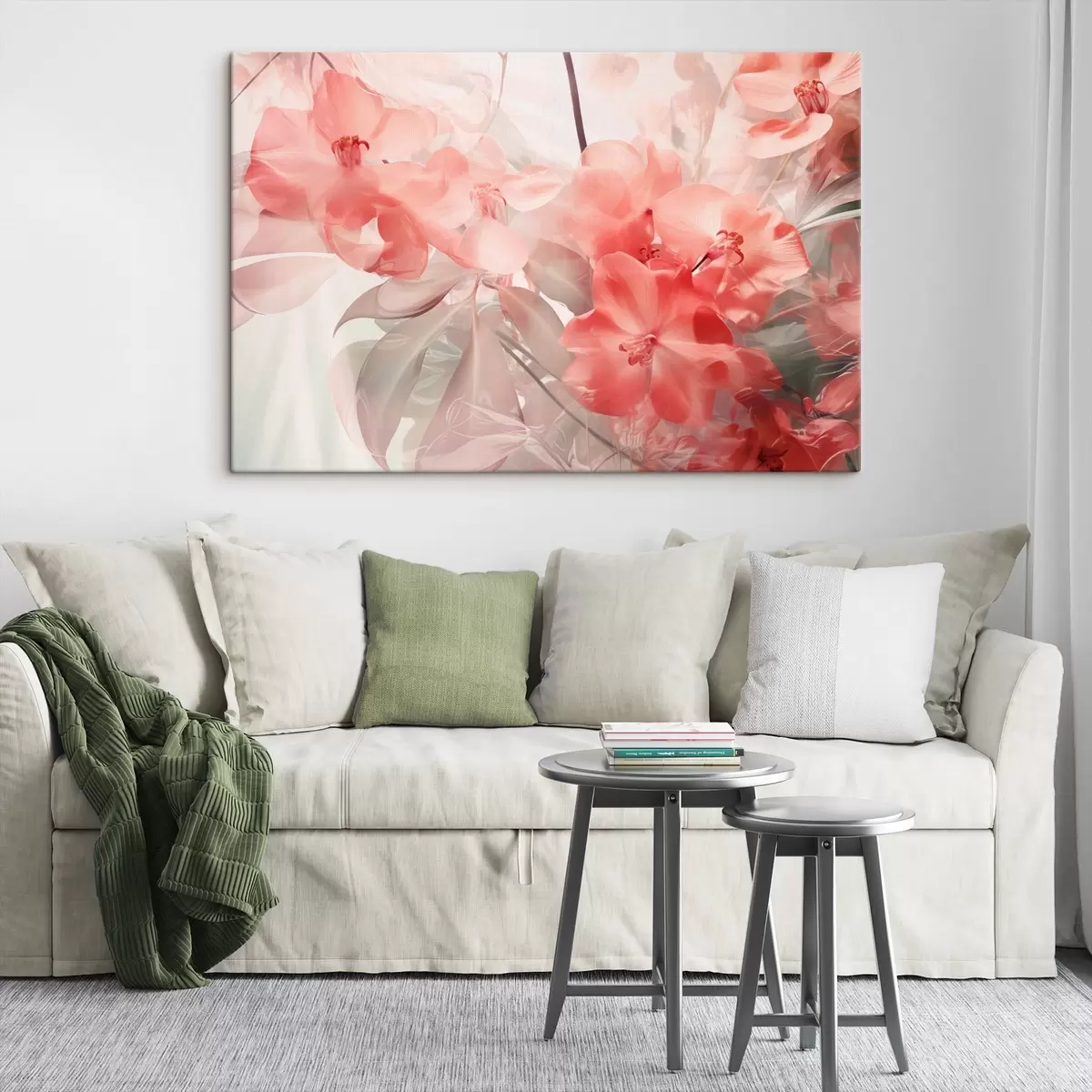 Wandbilder Leuchtend rosa tropische Blüten mit zarten, gedämpften grünen Blättern, die eine traumhaft zarte Textur ergeben s44861