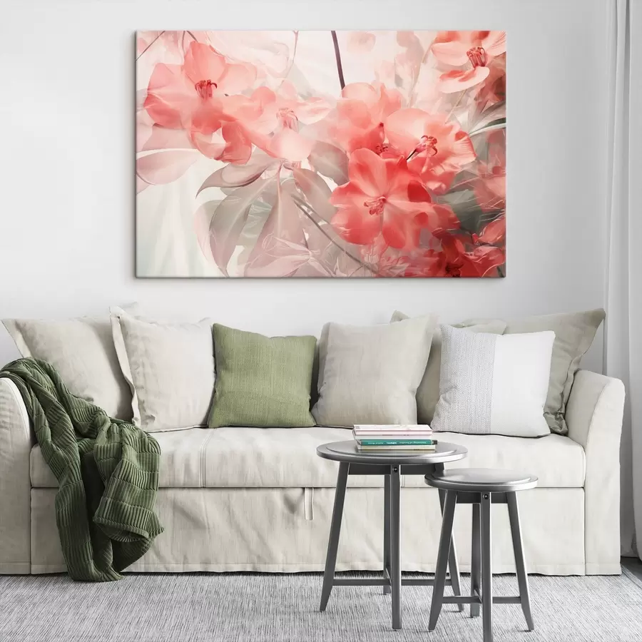 Wandbilder Leuchtend rosa tropische Blüten mit zarten, gedämpften grünen Blättern, die eine traumhaft zarte Textur ergeben s44861