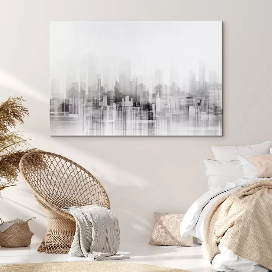 Wandbilder Texturierte minimalistische Stadtlandschaft mit hohen Gebäuden und Wolkenkratzern, die sich gegen einen weißen Himmel abheben s44863