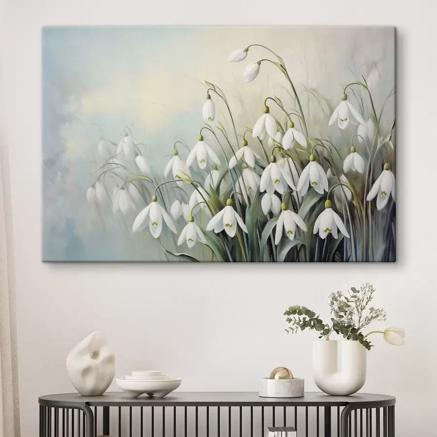 Wandbilder Weiße Schneeglöckchenblüten mit blauen und grünen Stängeln und Blättern, weiche Pinselstriche, unscharfer Hintergrund s44864