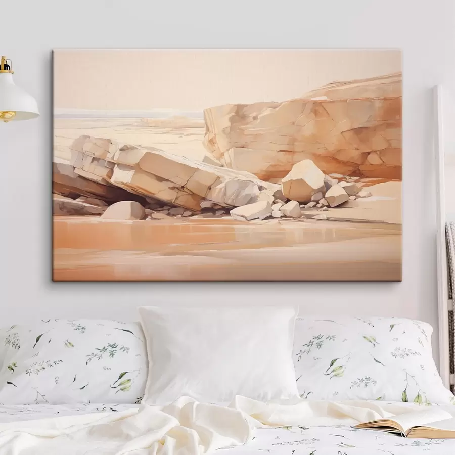 Wandbilder Minimalistische felsige Strandlandschaft mit großen hellbraunen Felsblöcken und klarem Wasser s44865