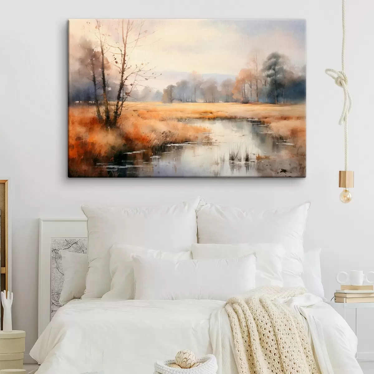 Wandbilder Eine ruhige, strukturierte Landschaftsmalerei, die Schilf und kahle Bäume imitiert, das ruhige Wasser unter einem Himmel s44867