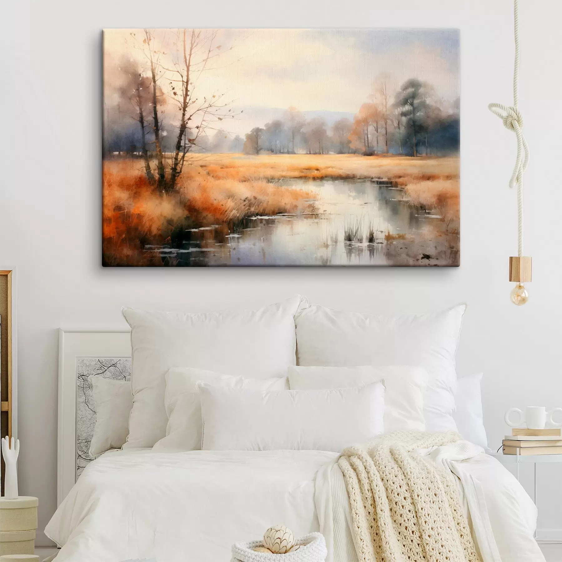 Wandbilder Eine ruhige, strukturierte Landschaftsmalerei, die Schilf und kahle Bäume imitiert, das ruhige Wasser unter einem Himmel s44867