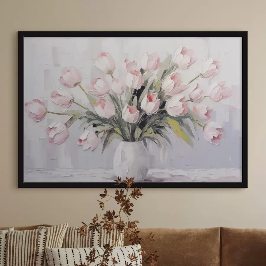 Fototapete Eine Vase mit rosa Tulpen, grüne Blätter, hellgrauer Hintergrund, Ölgemälde Stil, dicke Pinselstriche f44852